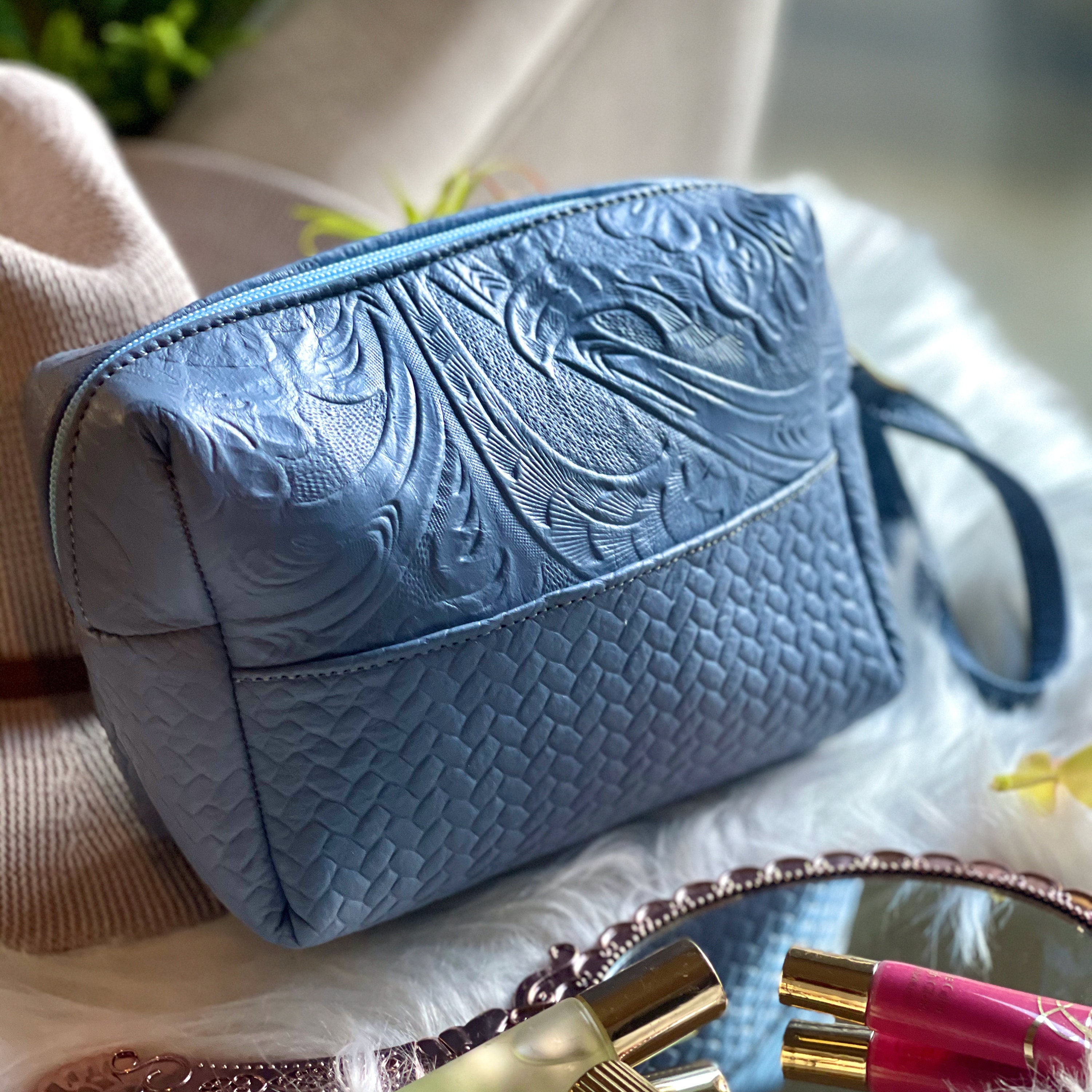 Handmade Cosmetic Bag Leather embossed Makeup BagGift for her