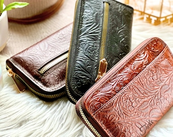 Engraved Leather Zip Wallet for Women: Personalized Floral Wallet