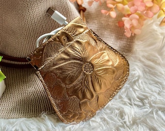 Handcrafted Leather Squeeze Coin Purse – Vintage Floral Flex Frame Pouch / AirPods Case