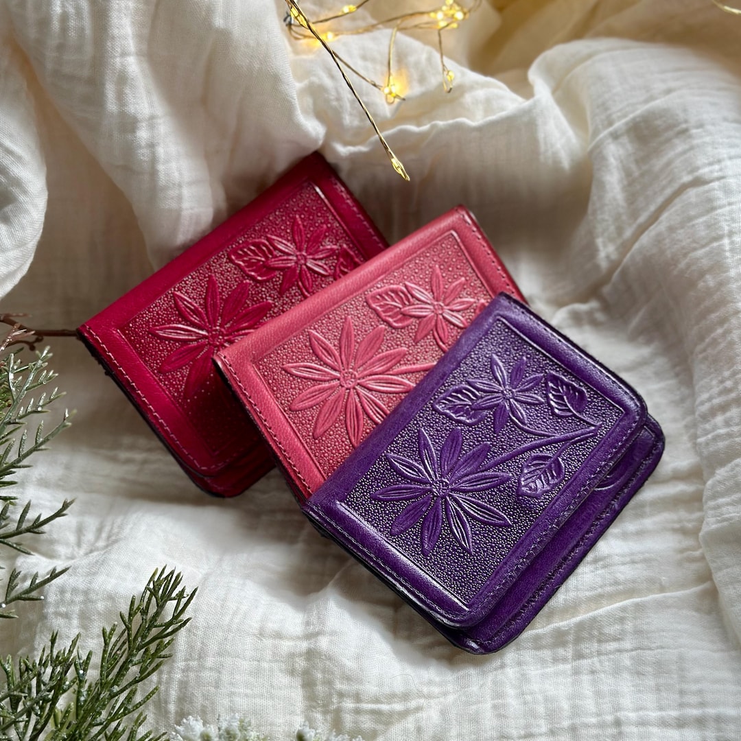 Personalized Leather Wallets for Women: Small Floral Keychain Wallet - Etsy