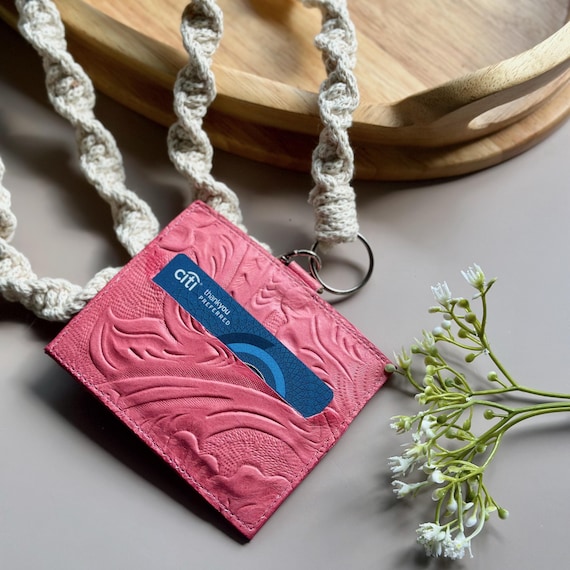 Handmade Floral Leather ID Holder with Macramé Lanyard