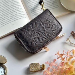 Small Handmade Leather Wallet with Wristlet • Personalized Gift for Women