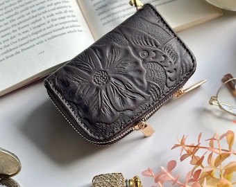 Small Handmade Leather Wallet with Wristlet • Personalized Gift for Women