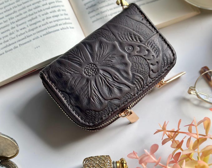 Small Handmade Leather Wallet with Wristlet • Personalized Gift for Women