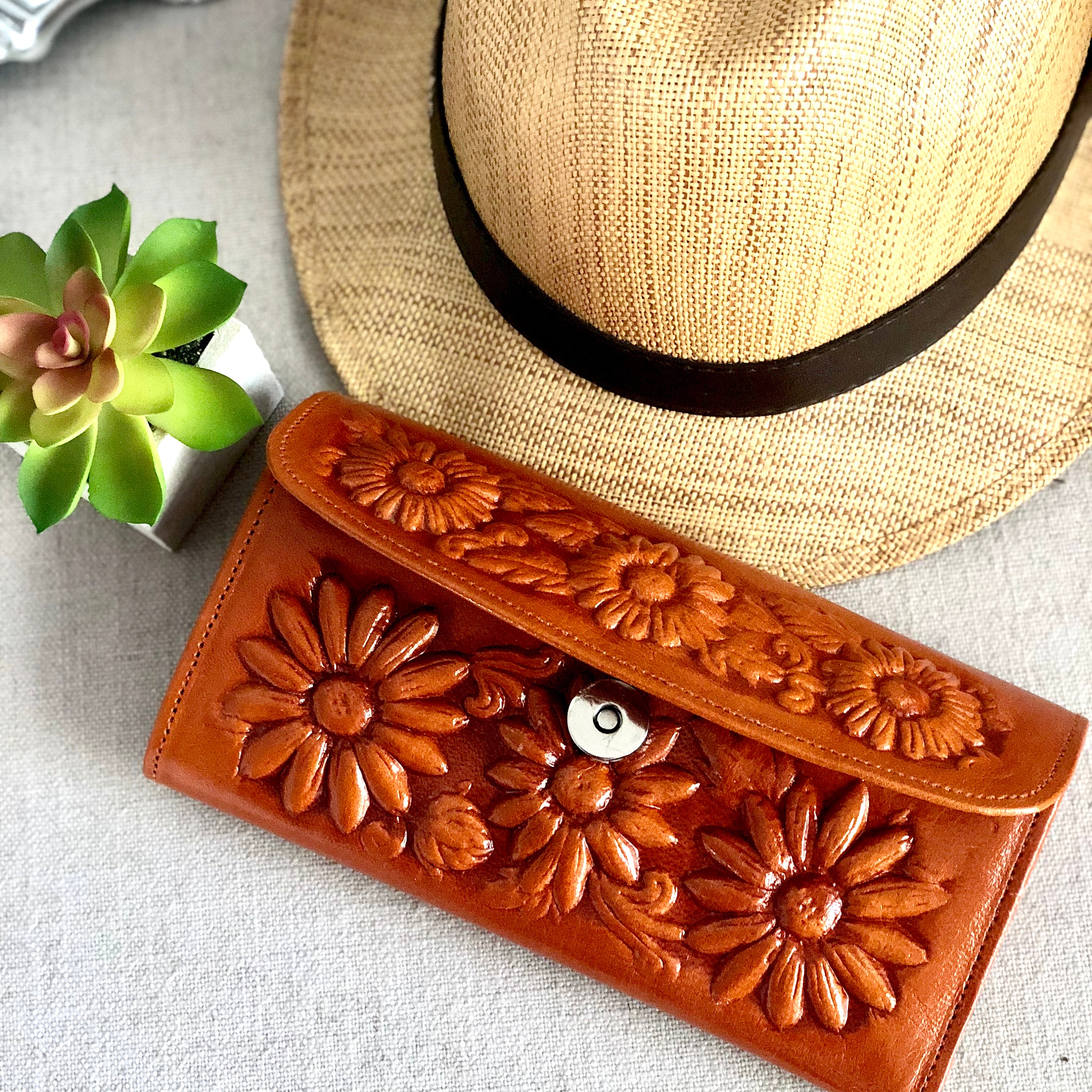 Saddle Tooled Wallet Leather Wallet Woman Bifold Wallet Handmade