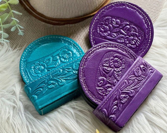 Personalized Leather Coaster Set • Handmade Floral Drink Coasters with Holder • Housewarming & Mother’s Day Gift