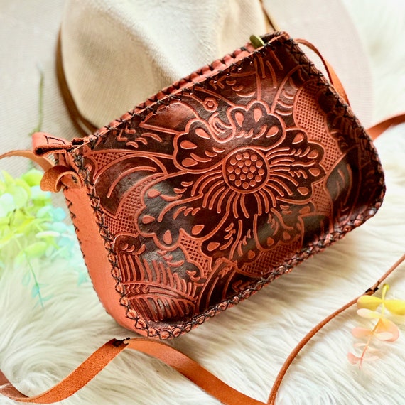 Floral Tooled Leather Crossbody Bag: Handmade Boho Purse