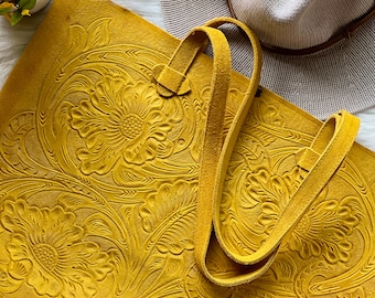 Large Floral Embossed Leather Tote Bag for Women • Handmade Boho Shoulder Bag • Soft Purse