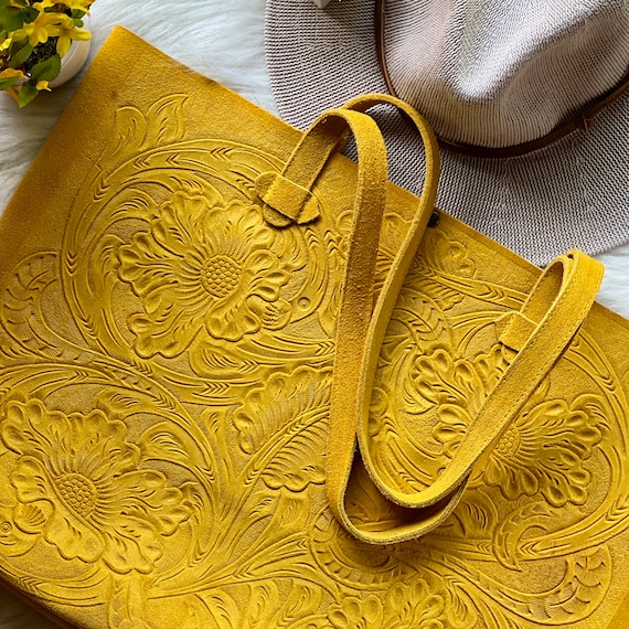 Large Floral Embossed Leather Tote Bag for Women • Handmade Boho Shoulder Bag • Soft Purse