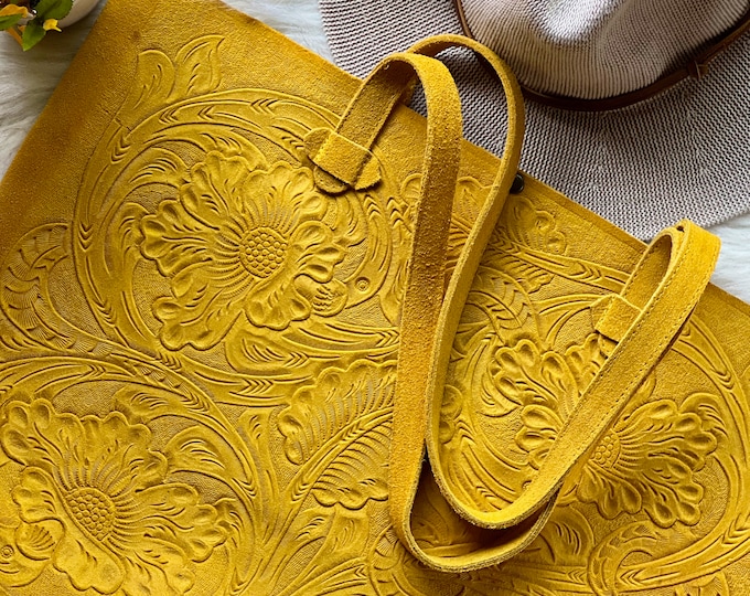 Handmade Leather Tote Bag for Women • Floral Soft Leather Shoulder Bag • Large Boho Tote Purse • Gift for Her • Sustainable Bag