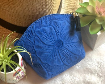 Floral leather cosmetic bag - small makeup pouch - small leather bag -makeup bag small - bridesmaid gift - gifts for her