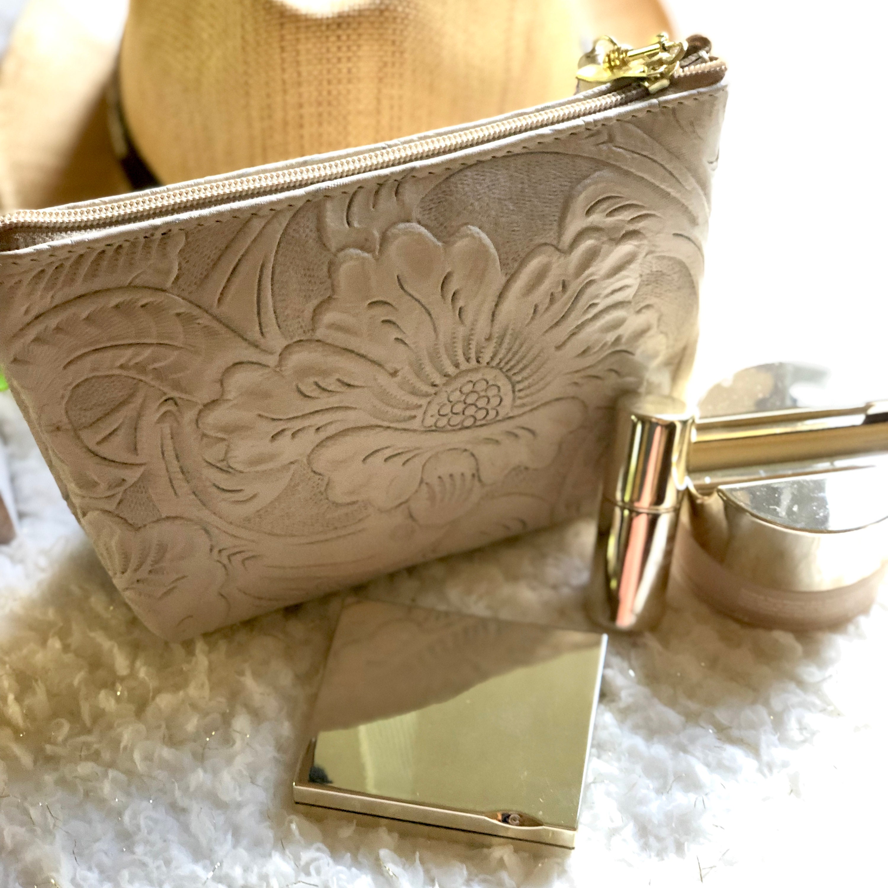 Beige Bag*Tooled Makeup Bag*Handmade Cosmetic Bag* Birthday Present