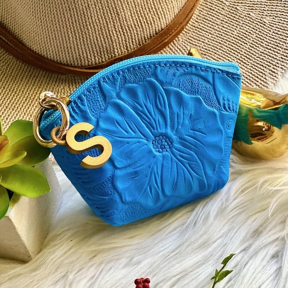 Handmade Leather Coin Purse: Floral Hibiscus Boho Pouch