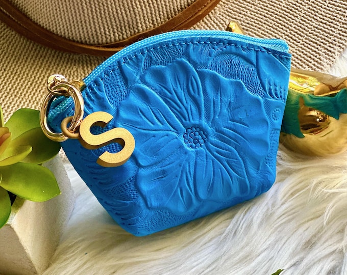 Handmade Leather Coin Purse: Floral Hibiscus Boho Pouch