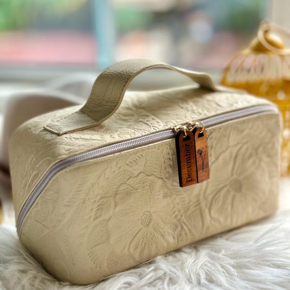 Personalized Leather Makeup Bag: Floral Cosmetic Case for Travel, Handmade Sustainable