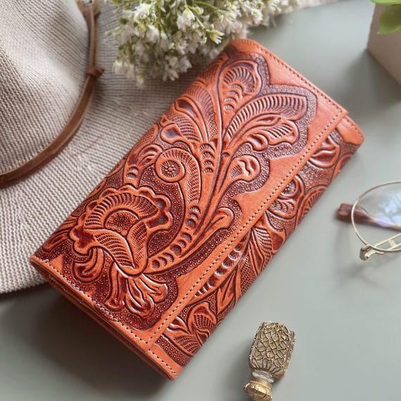 Embossed Goat Leather Trifold Clutch Wallet – Floral Boho Wallet for Women