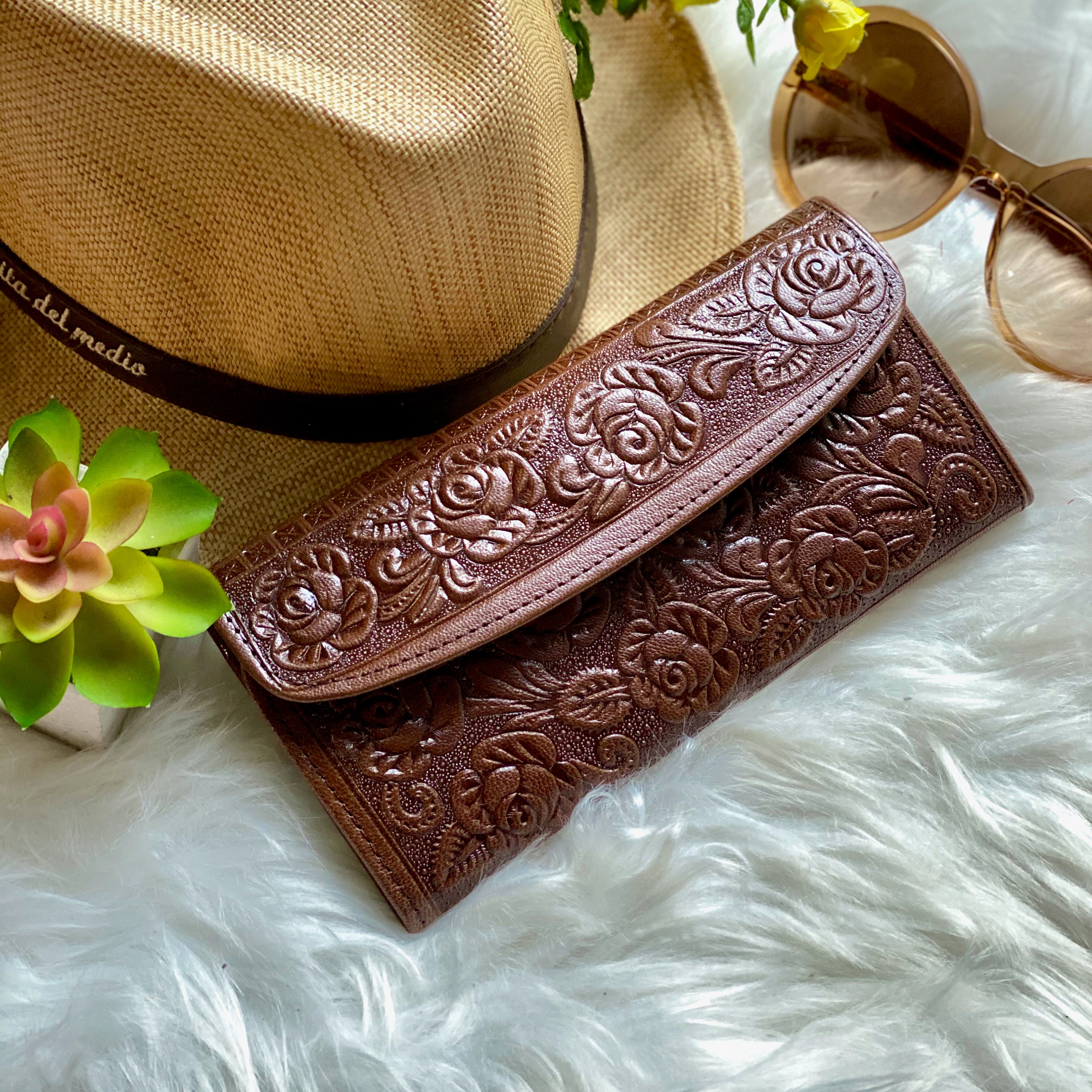 Embossed roses authentic leather wallets • women's wallets