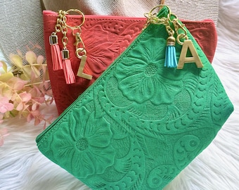 Handmade Leather Makeup Bag: Embossed Floral Cosmetic & Toiletry Bag