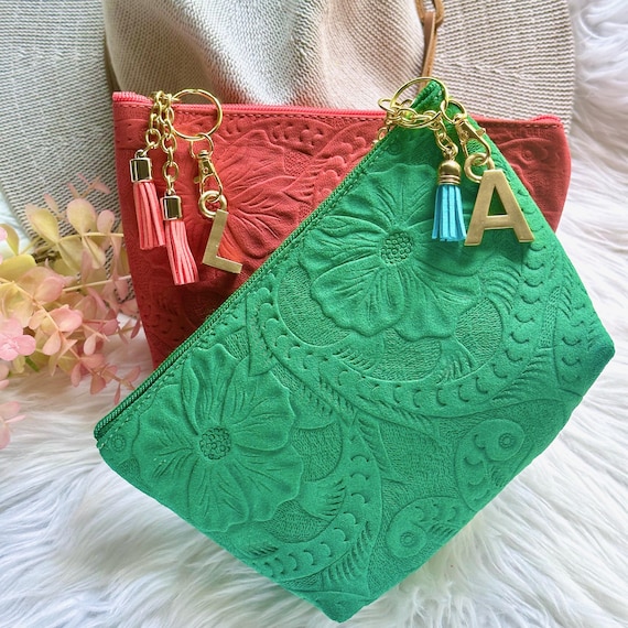 Handmade Leather Makeup Bag: Embossed Floral Cosmetic & Toiletry Bag