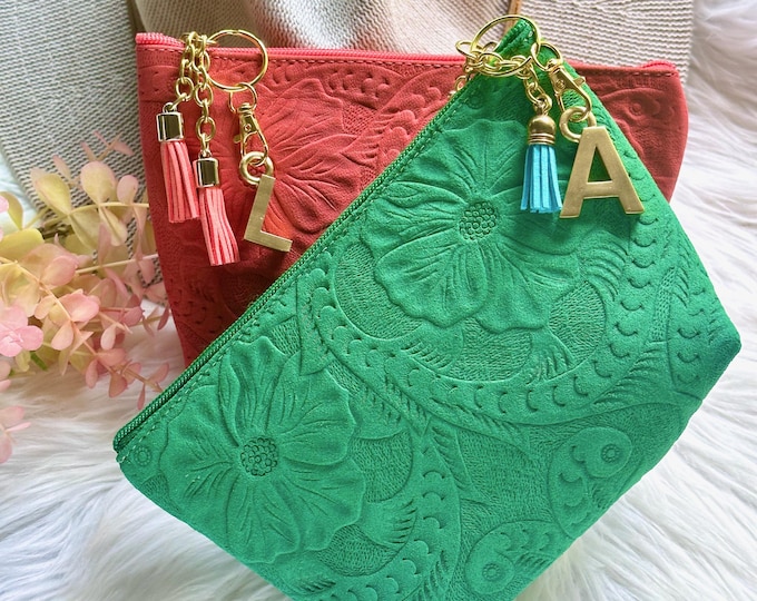 Handmade Leather Makeup Bag: Embossed Floral Cosmetic & Toiletry Bag