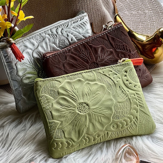 Handmade Leather Pouch with Zipper: Bohemian Cosmetic Bag