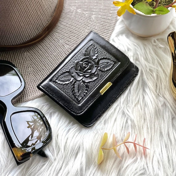 Handmade Rose Embossed Leather Wallet for women: Small Personalized Card Holder ladies wallet