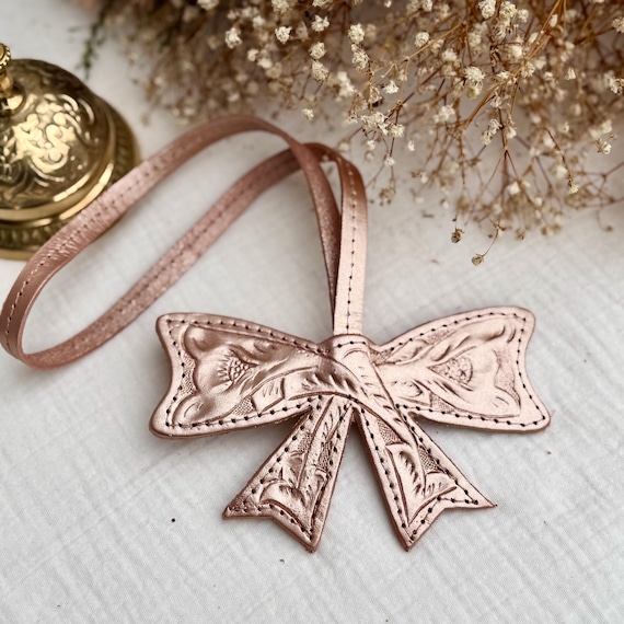 Personalized Leather Luggage Tag, Hand-Tooled Bow Purse Charm, Custom Engraved Bag Charm