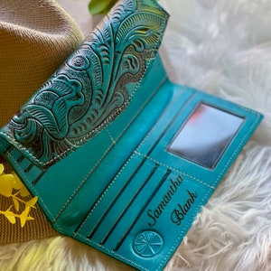 Boho Floral Tooled Leather Wallet: Personalized Engraved Long Wallet