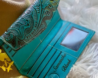 Boho Floral Leather Wallet for Women • Personalized Long Wallet • Tooled Handcrafted Gift • Engraved Name Wallet for Her