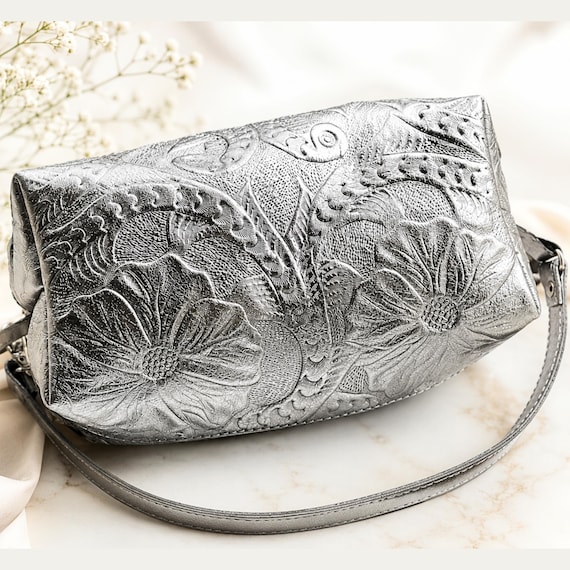 Personalized Leather Makeup Bag, Embossed Floral Cosmetic Pouch with Hand-Painted Initial Charm, Gift for Her