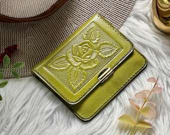 Mini Leather Wallet for Women • Rose Embossed Pocket Wallet • Small Card Holder • Gift for Mom •  Travel Wallet