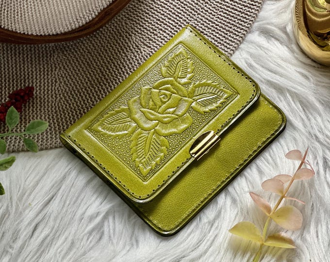 Mini Leather Wallet for Women • Rose Embossed Pocket Wallet • Small Card Holder • Gift for Mom •  Travel Wallet