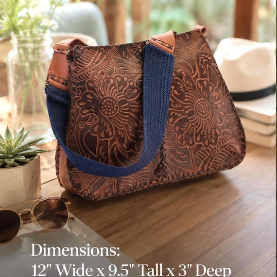 Boho Leather Purse, Embossed Leather Shoulder Bag, Floral Handmade Handbag, Vintage Leather Bag, Gift for Her