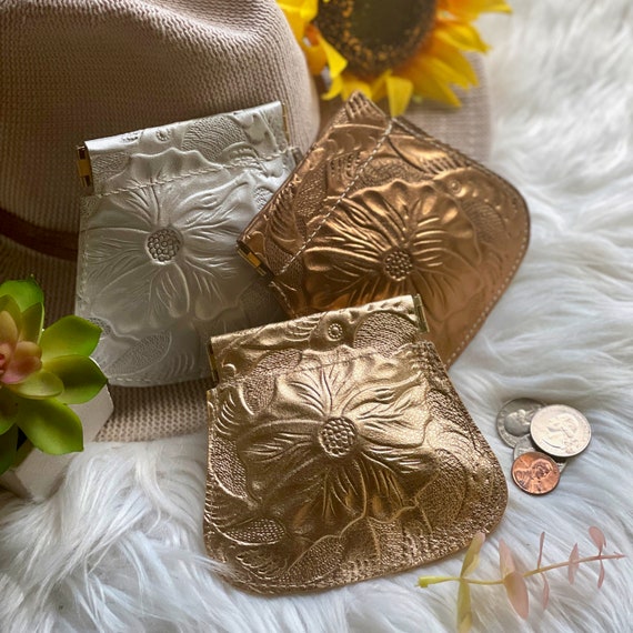 Personalized Leather Coin Purse, Embossed Floral Change Purse, Flex Frame Pouch, Small Leather Gift for Her