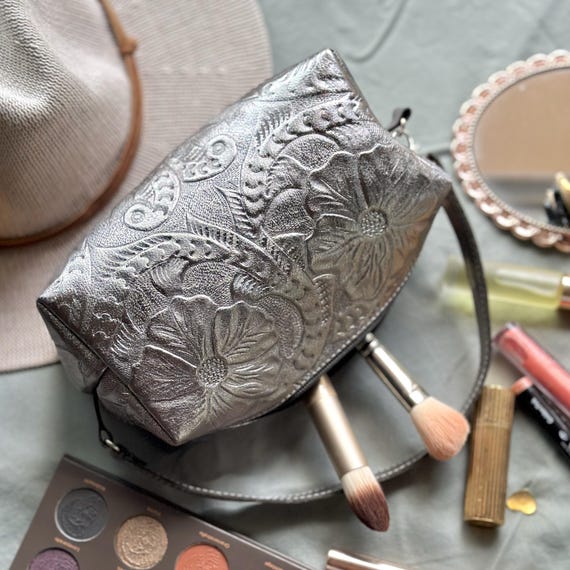 Embossed Floral Makeup Case • Handmade Leather Travel Organizer • Personalized Gift for Her