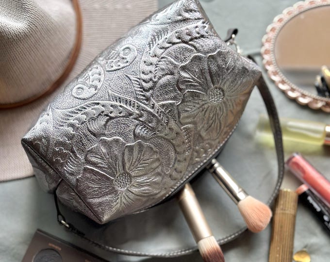 Embossed Floral Makeup Case • Handmade Leather Travel Organizer • Personalized Gift for Her