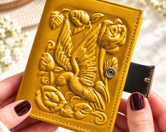 Small Floral Leather Bifold Wallet, Embossed Goat Leather, Personalized Engraving