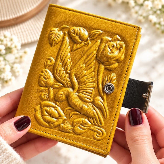 Small Floral Leather Bifold Wallet, Embossed Goat Leather, Personalized Engraving