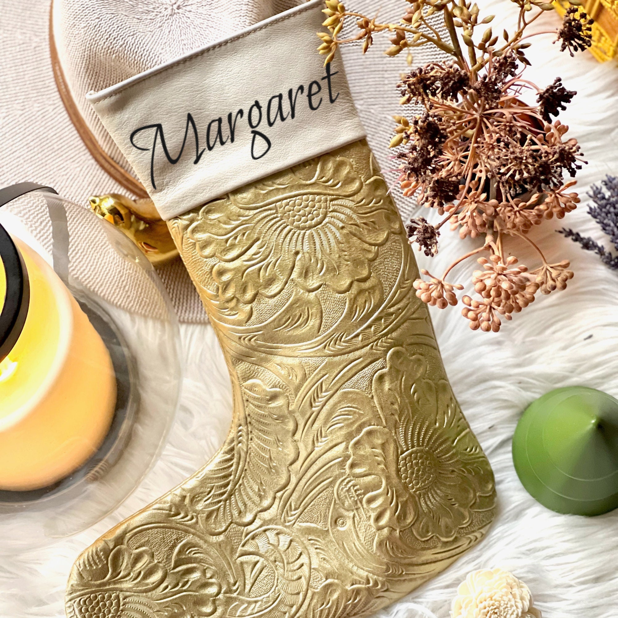 Embossed leather Christmas Stockings • Personalized Christmas