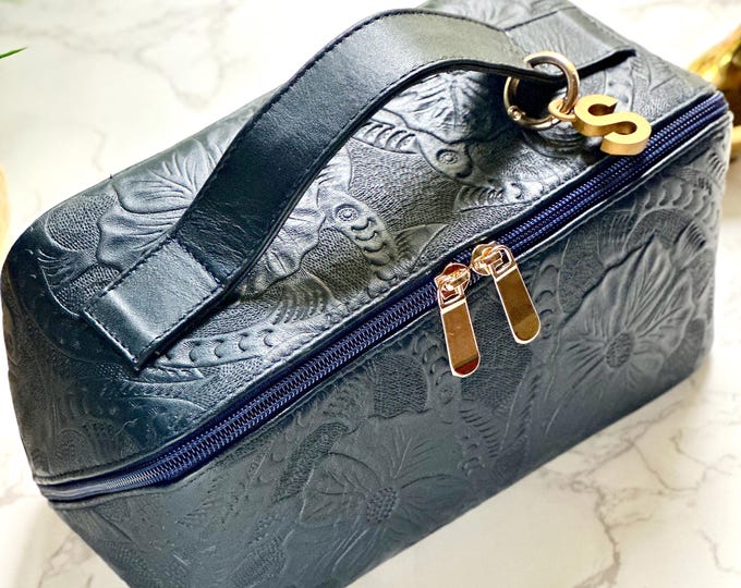Handcrafted cute leather makeup bag organizer •  Custom Authentic Leather Cosmetic Bag • Personalized Gifts