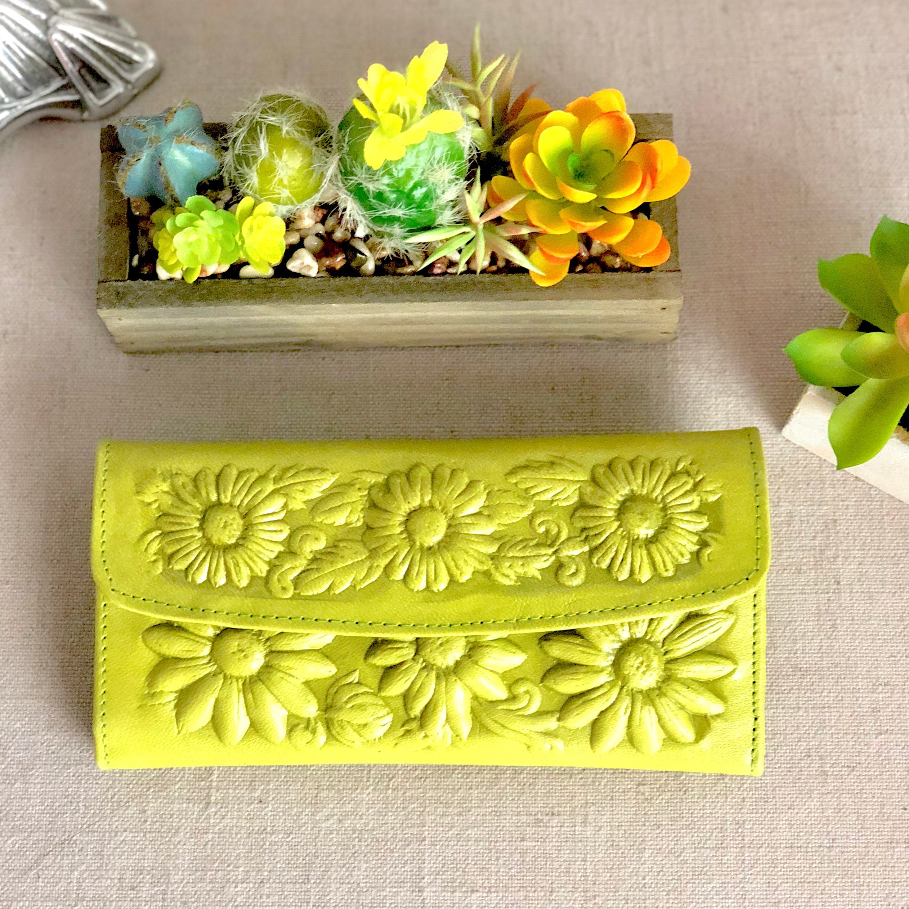 Women's Wallet* Lime Green*Leather Wallet*Floral Wallet*Bohemian Wallet