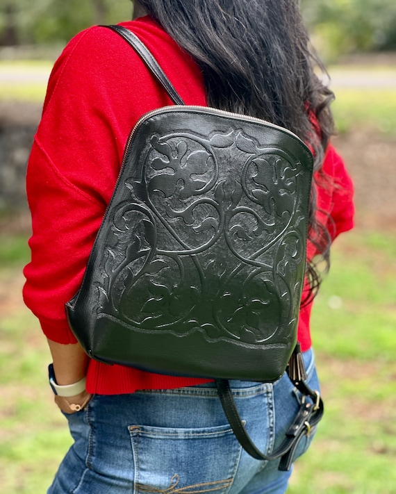 Handcrafted Floral Leather Backpack: Small Boho Travel Bag