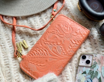 Handmade Floral Leather Wristlet • Crossbody Clutch Wallet • Personalized Gift for Her