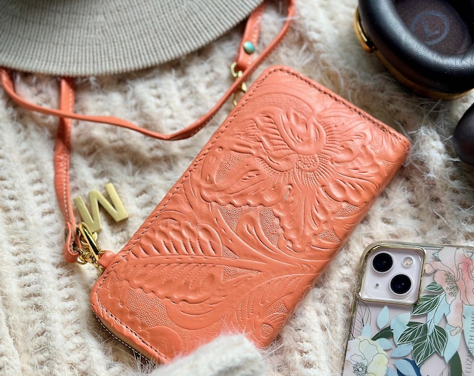 Handmade Floral Leather Wristlet • Crossbody Clutch Wallet • Personalized Gift for Her