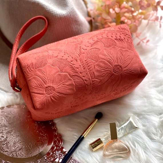 Handcrafted Leather Makeup Bag: Floral Toiletry Pouch