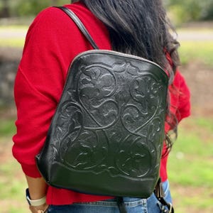 Handmade Embossed Leather Backpack Purse: Personalized Travel Bag