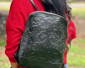 Handmade Leather Backpack Purse • Embossed Small Backpack for Women • Personalized Travel Backpack • Gift for Her