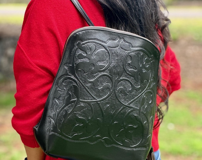 Handmade Leather Backpack Purse • Embossed Small Backpack for Women • Personalized Travel Backpack • Gift for Her