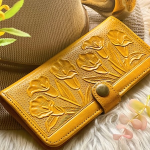 Embossed Calla Lilies flowers wallets for women • floral wallets for her • bifold wallets for women • leather anniversary gifts for her