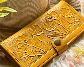 Embossed Calla Lilies flowers wallets for women • floral wallets for her • bifold wallets for women • leather anniversary gifts for her